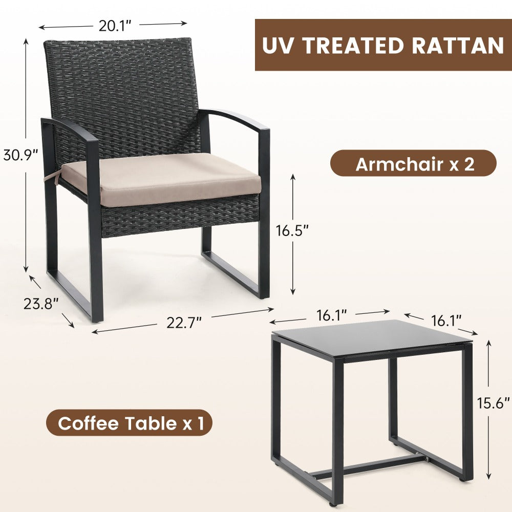 3-Piece Wicker Patio Bistro Set with Waterproof Protection and Two Chairs Included