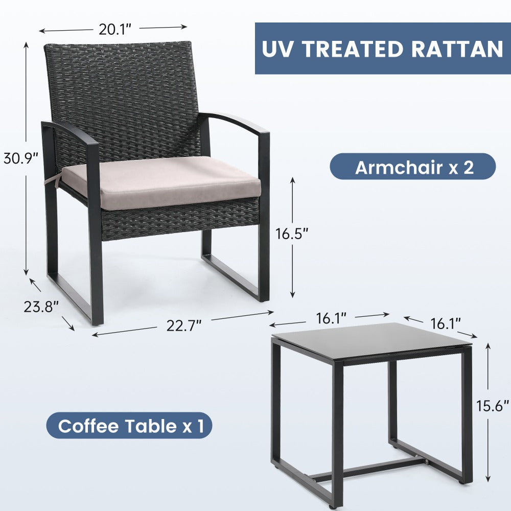 3-Piece Wicker Patio Bistro Set with Waterproof Protection and Two Chairs Included