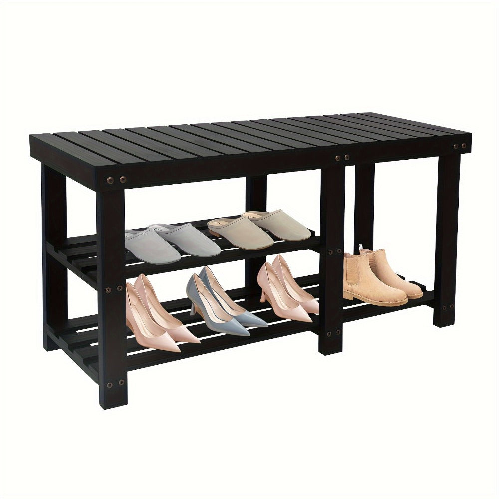 3-Tier Freestanding Shoe Bench with Solid Wood Construction and Open Shelves for Entryway