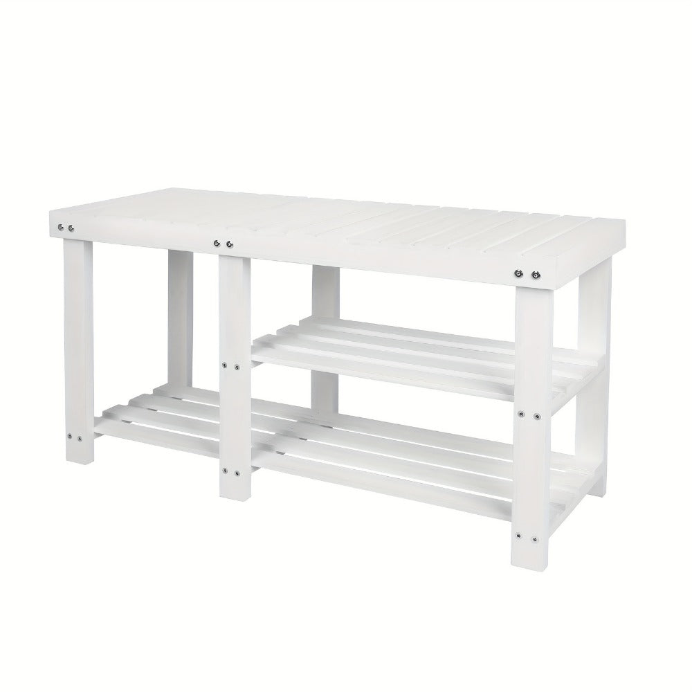 3-Tier Freestanding Shoe Bench with Solid Wood Construction and Open Shelves for Entryway