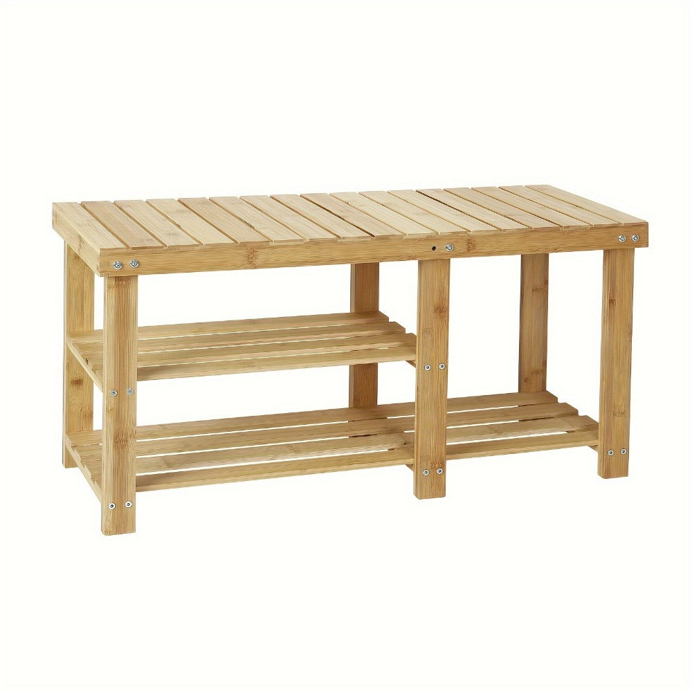 3-Tier Freestanding Shoe Bench with Solid Wood Construction and Open Shelves for Entryway