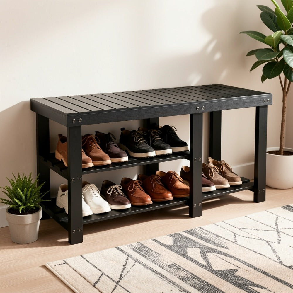 3-Tier Freestanding Shoe Bench with Solid Wood Construction and Open Shelves for Entryway
