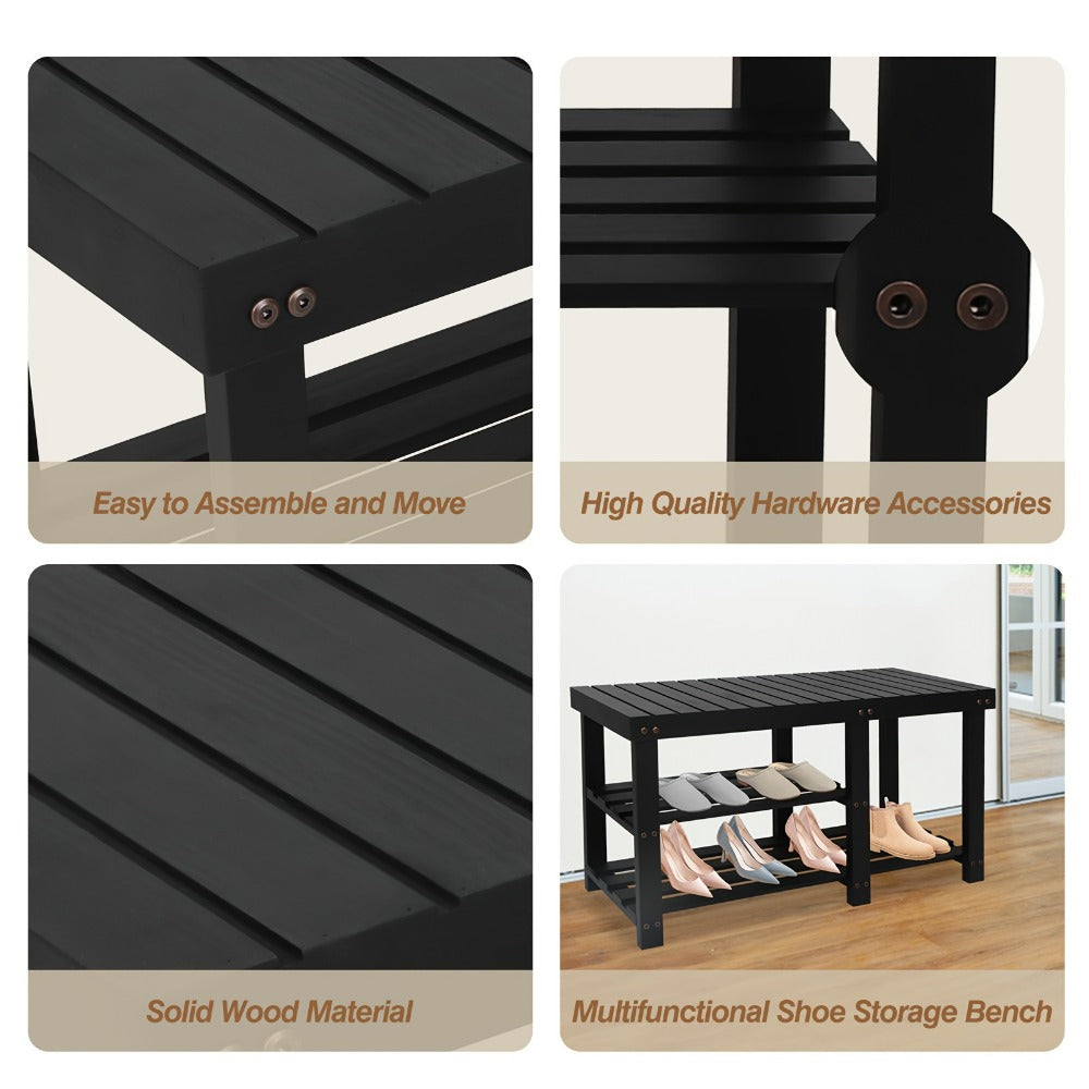 3-Tier Freestanding Shoe Bench with Solid Wood Construction and Open Shelves for Entryway