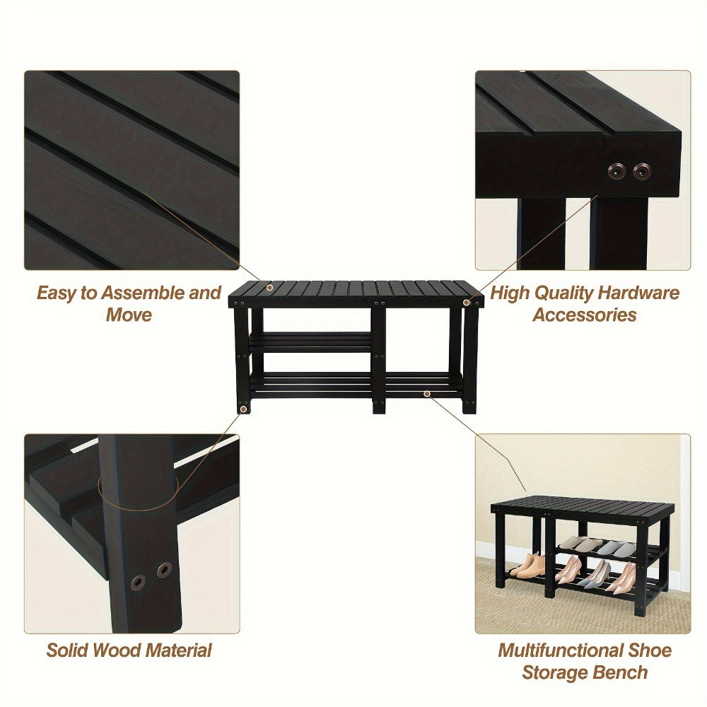 3-Tier Freestanding Shoe Bench with Solid Wood Construction and Open Shelves for Entryway