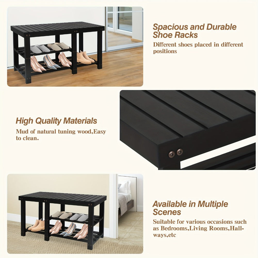 3-Tier Freestanding Shoe Bench with Solid Wood Construction and Open Shelves for Entryway