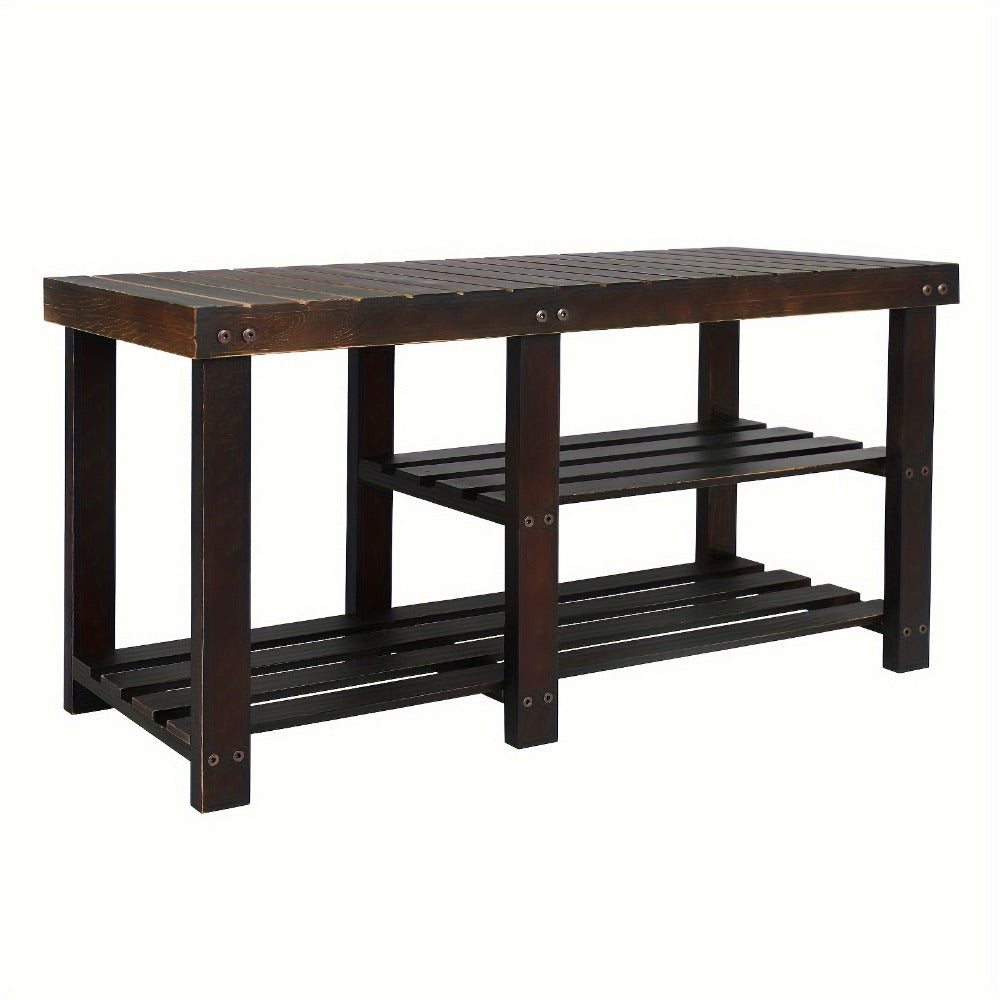3-Tier Freestanding Shoe Bench with Solid Wood Construction and Open Shelves for Entryway