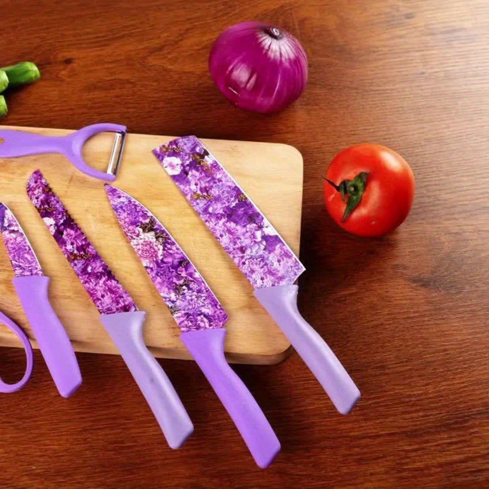 Kitchen Knife Set 6-Piece Floral High-Carbon Stainless Steel with Cleaver, Bread Knife, Shears and Peeler