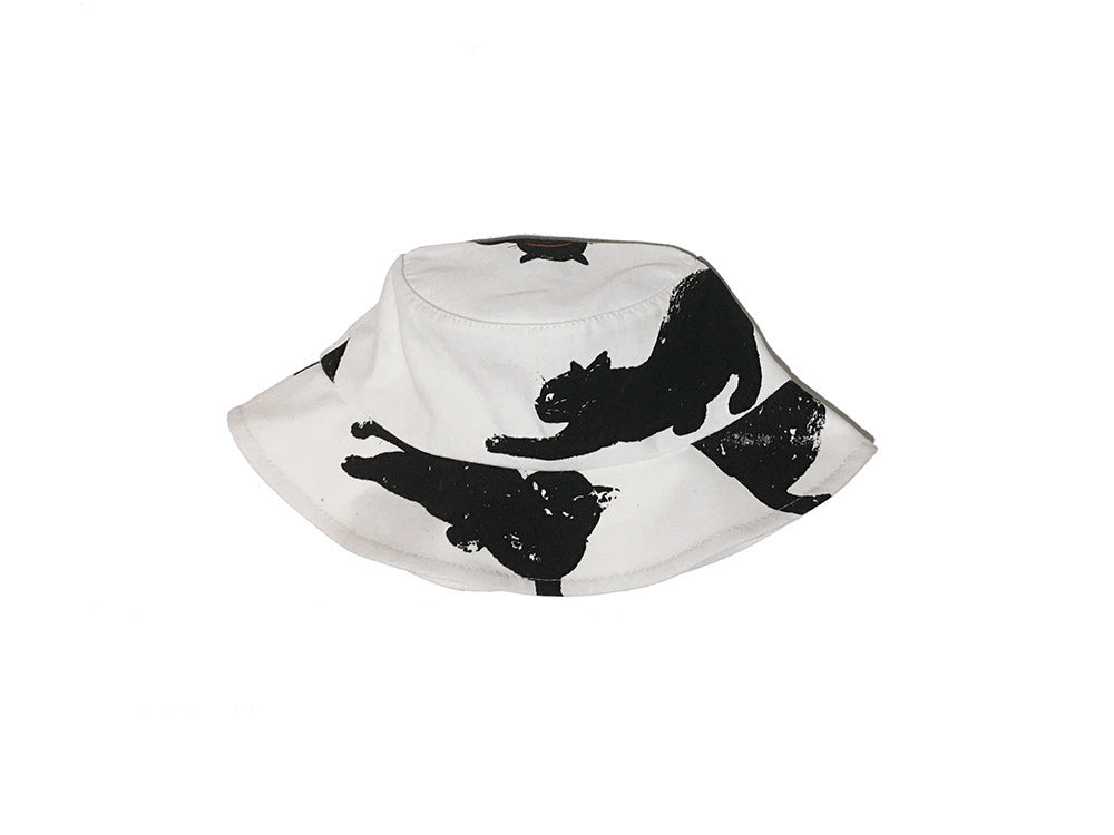 Henderson Black Cat Print Cotton Linen Bucket Hat – Flat Brim, Unisex