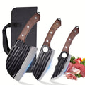 Three-Piece Butcher Knife Set with Dark Patterned Cleaver Blades, Riveted Wood-Look Handles and Carrying Case
