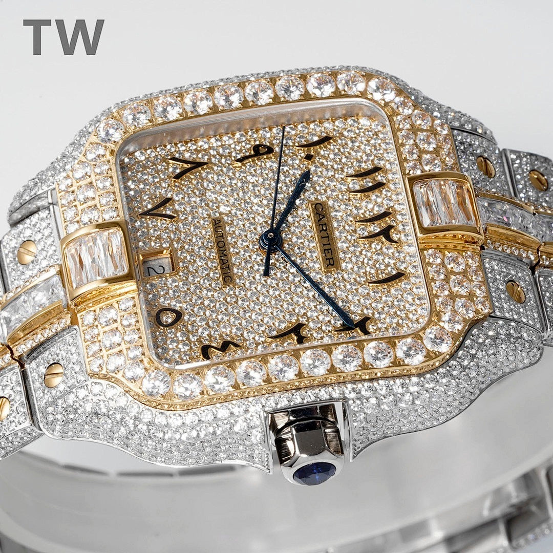 Cartier Santos Iced Out – Two-Tone Diamond Pavé Case & Bracelet Arabic Numeral Diamond Dial Date