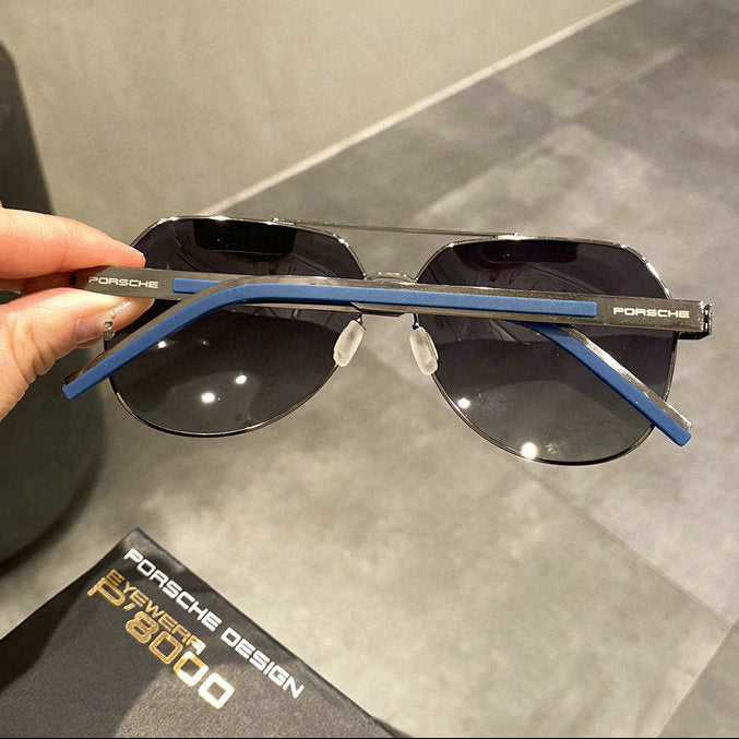 Porsche Design Hexagonal Aviator Sunglasses — Gunmetal & Blue