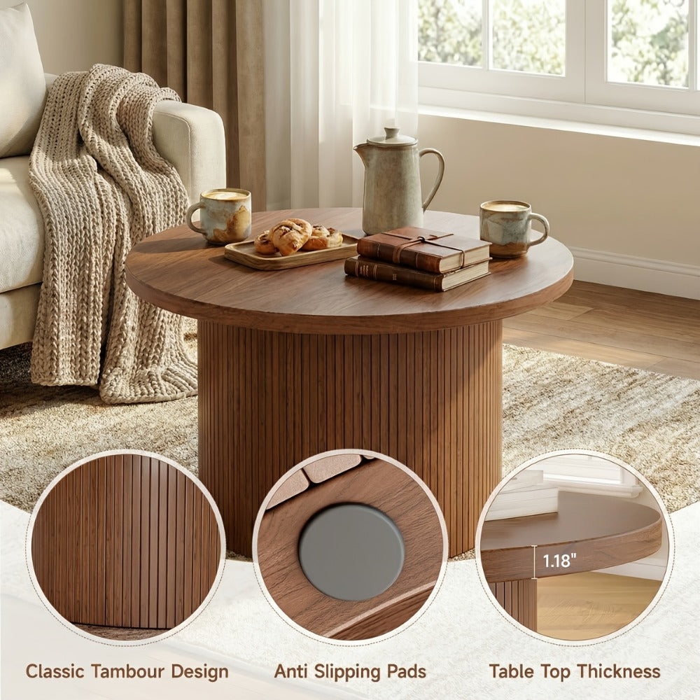 Coffee Table 32-Inch Round Wood Design with Drum Base and Five Wood, Travertine or Marble-Look Finishes