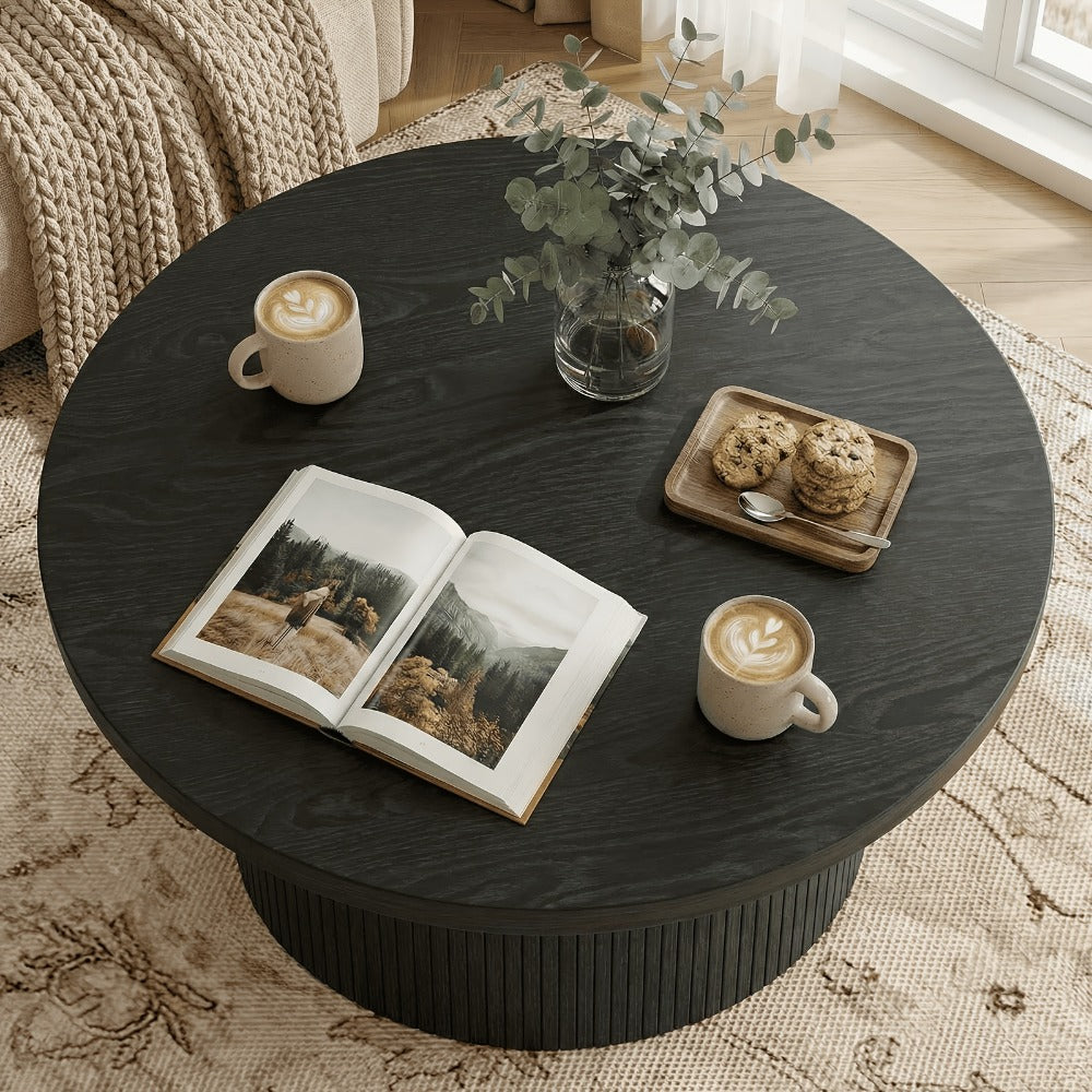 Coffee Table 32-Inch Round Wood Design with Drum Base and Five Wood, Travertine or Marble-Look Finishes