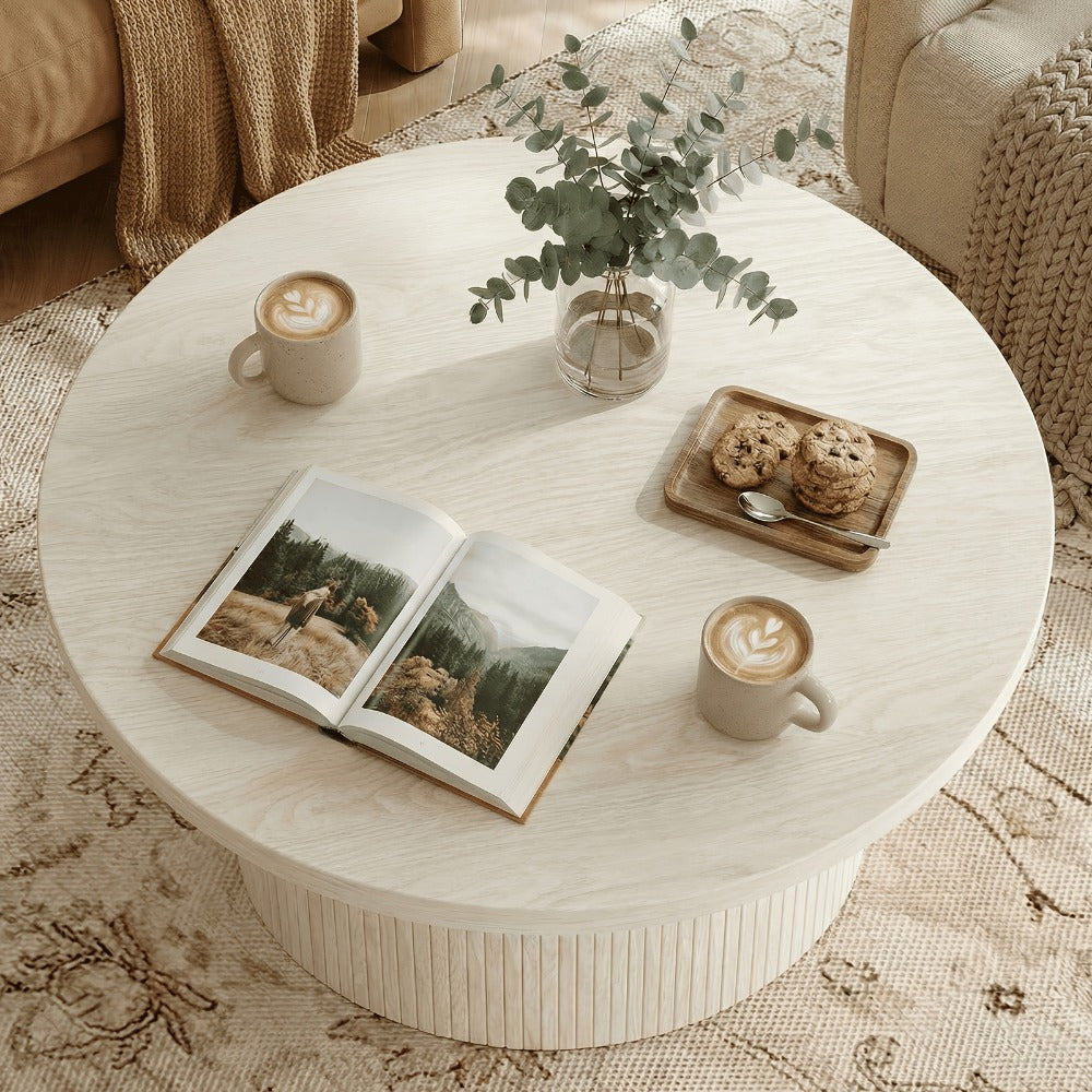 Coffee Table 32-Inch Round Wood Design with Drum Base and Five Wood, Travertine or Marble-Look Finishes