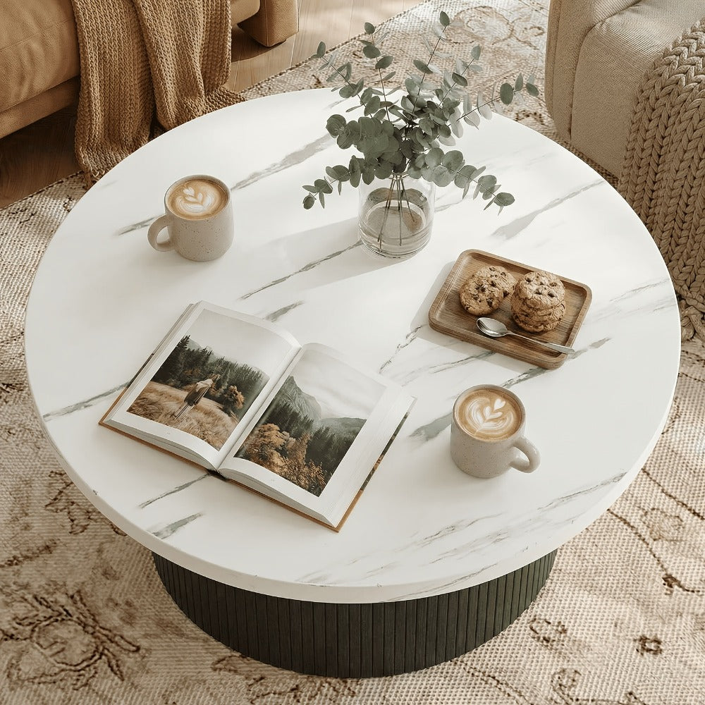 Coffee Table 32-Inch Round Wood Design with Drum Base and Five Wood, Travertine or Marble-Look Finishes