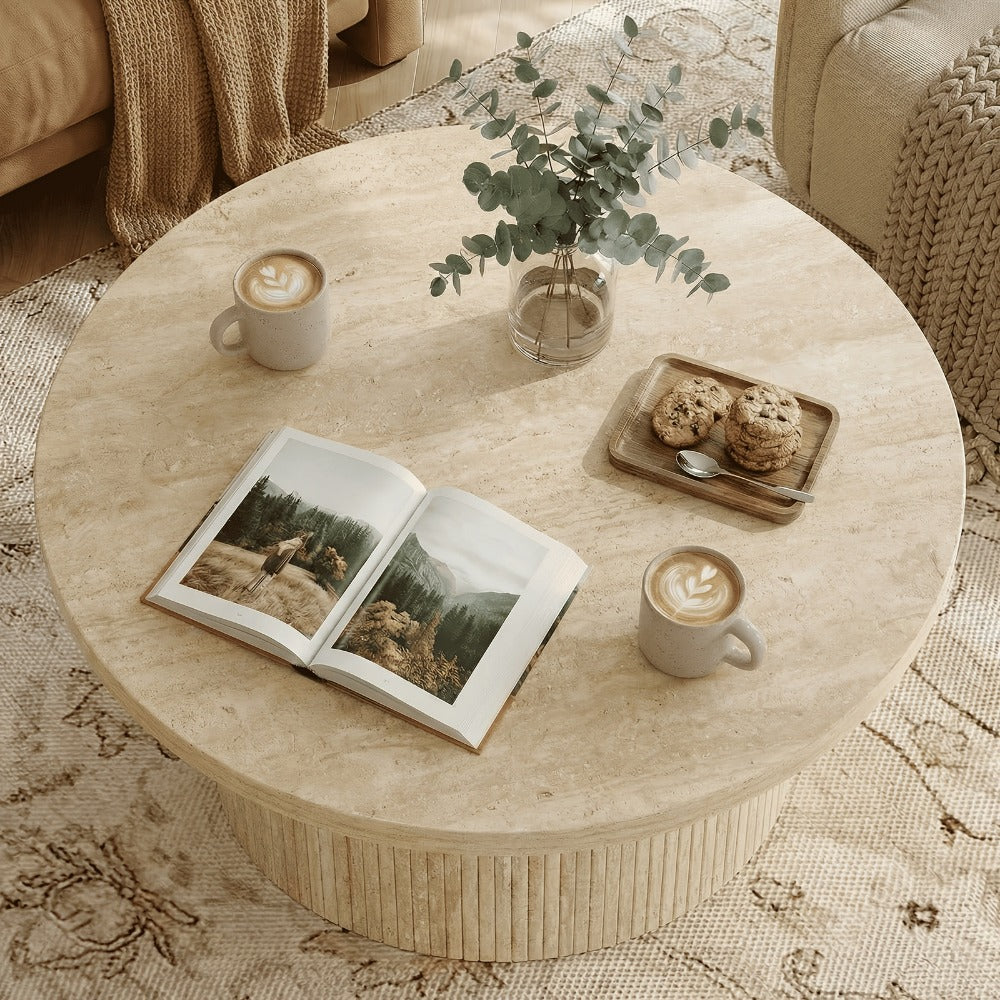 Coffee Table 32-Inch Round Wood Design with Drum Base and Five Wood, Travertine or Marble-Look Finishes