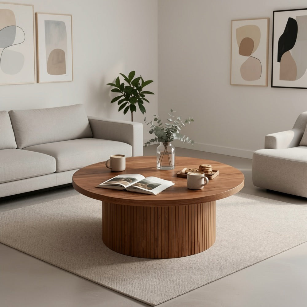 Coffee Table 32-Inch Round Wood Design with Drum Base and Five Wood, Travertine or Marble-Look Finishes