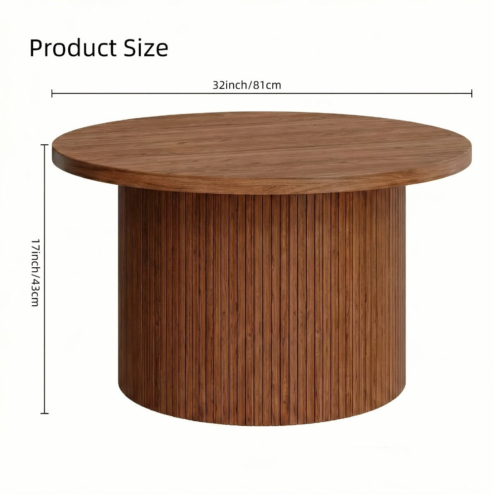 Coffee Table 32-Inch Round Wood Design with Drum Base and Five Wood, Travertine or Marble-Look Finishes