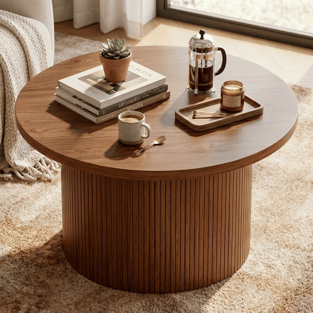 Coffee Table 32-Inch Round Wood Design with Drum Base and Five Wood, Travertine or Marble-Look Finishes