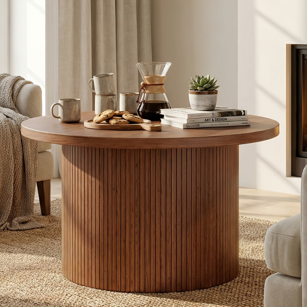 Coffee Table 32-Inch Round Wood Design with Drum Base and Five Wood, Travertine or Marble-Look Finishes