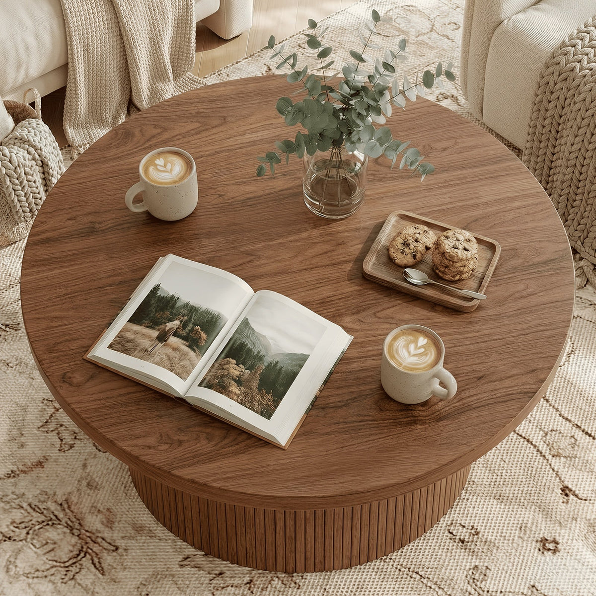 Coffee Table 32-Inch Round Wood Design with Drum Base and Five Wood, Travertine or Marble-Look Finishes