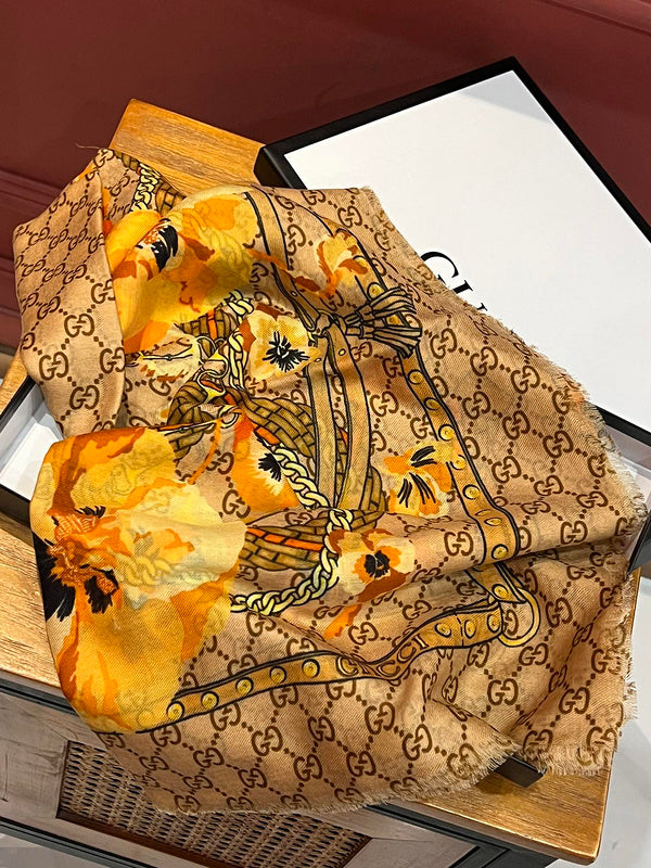 Gucci GG Monogram Floral Chain Print Scarf – Camel & Orange