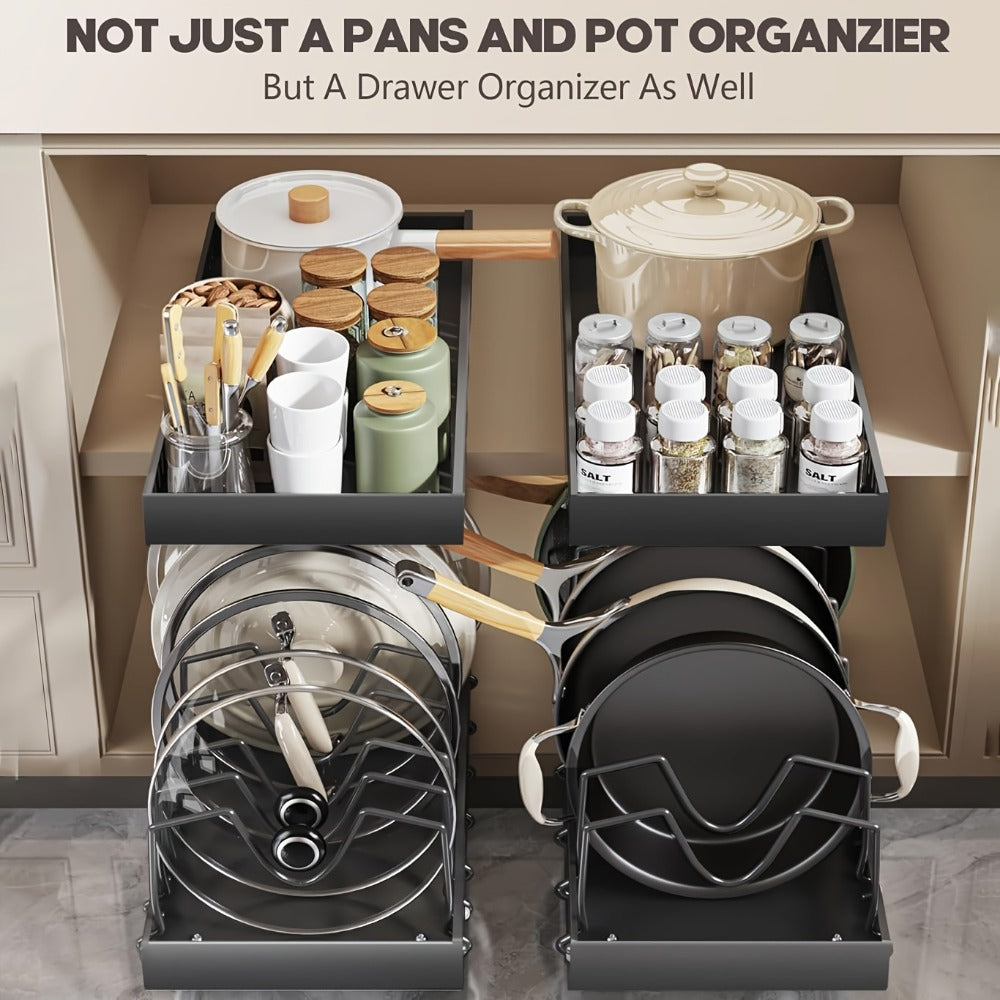 Pull-Out Pot and Pan Lid Rack Cabinet Sliding Storage Organizer - Kitchen Cabinet Slide-Out Box with 8/16 Adjustable Dividers for Lids