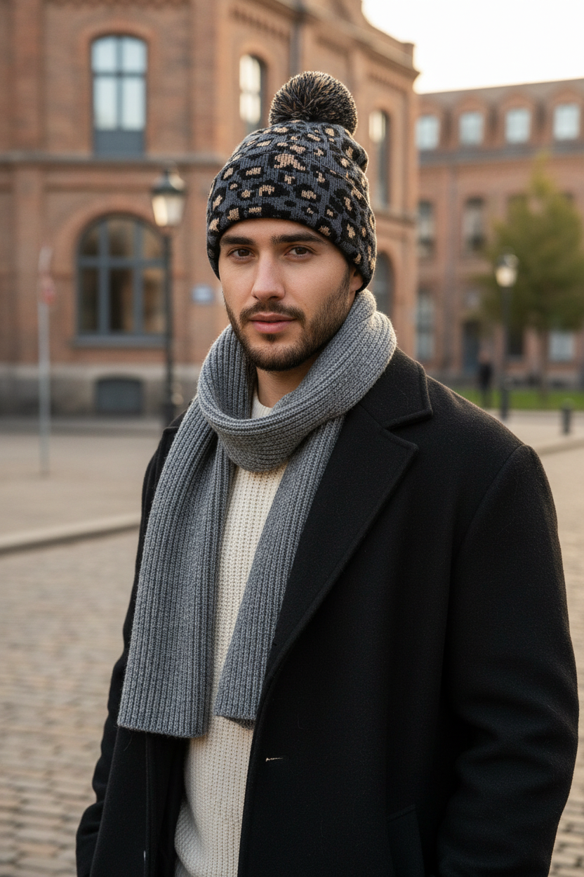 Perkins Wool Leopard Knit Hat with Flat Brim