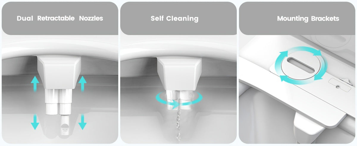 Bidet Attachment, Dual Retractable Nozzle Non-Electric Self-Cleaning Fresh Water Bidet Sprayer, Fits Most Toilets