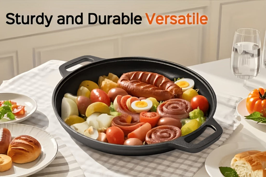 28cm Cast Iron Skillet with Dual Loop Handles and Broad Round Cooking Surface for Oven, Grill or Campfire Use