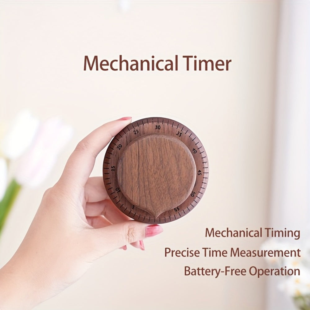 Mechanical Kitchen Timer with Loud Alarm - Black Walnut Wood Cooking Timer, 100% Battery-Free Desktop Timer for Cooking