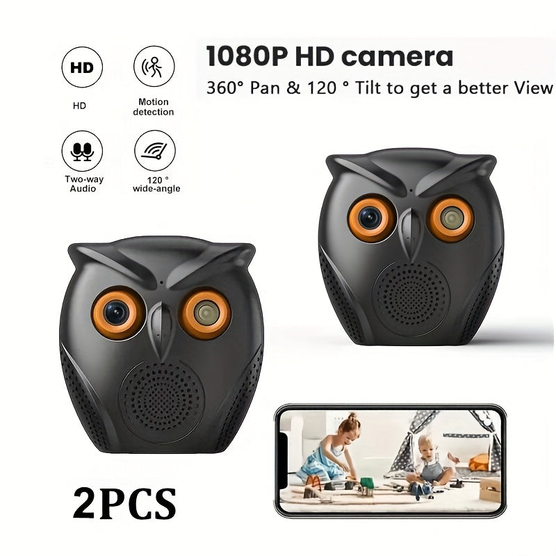 Security Camera Owl-Shaped Two-Pack with Human Detection, USB Power, Motion Alarm and Black or White Options