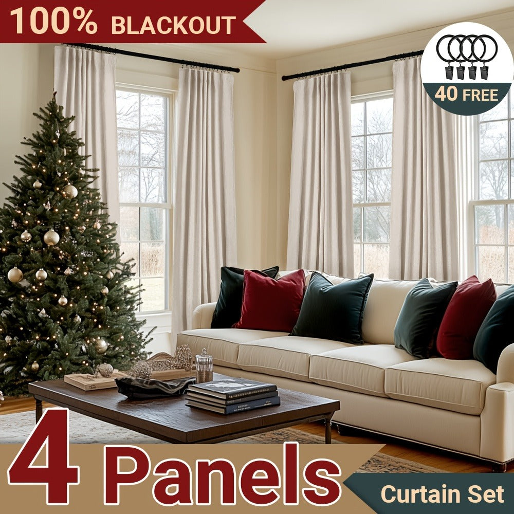 Four Faux Linen Textured Panels with Thermal Insulation and Rod Pockets for Living Room and Bedroom, 100% Blackout Curtains