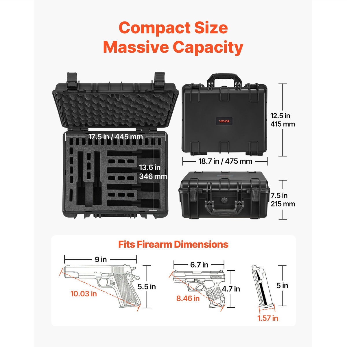 Hard Gun Case with Modular XPE Foam Interior – Heavy Duty Pistol Storage Box with Metal Hinges, 4 Lock Holes & Pressure Valve, Fits Glock & 6 Magazines, 18.7x12.5x7.5 in