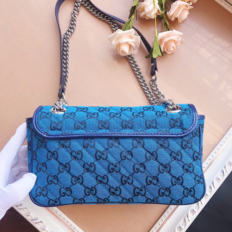 Gucci GG Marmont Small Shoulder Bag – Quilted GG Canvas Pink Purple & Green Navy