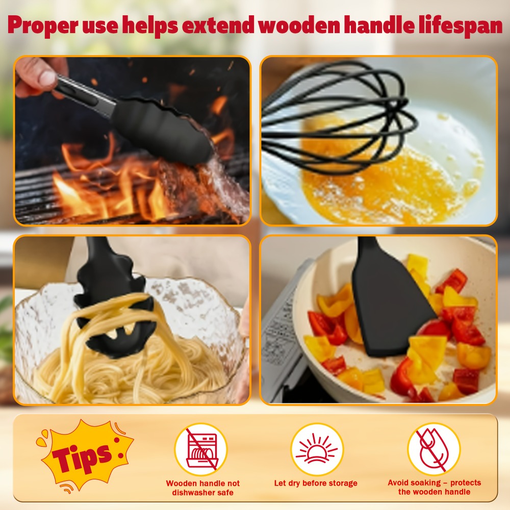 Silicone Kitchen Utensil Set 12PCS with Wooden Handle - Heat Resistant Non-Stick Safe for Home Cooking, Dining and Outdoor Meals