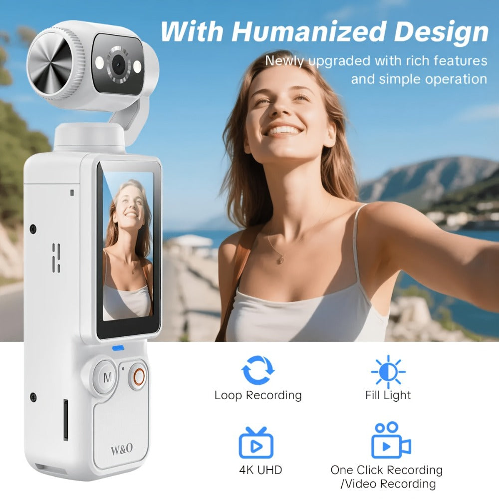 W&O Pocket Camera with Webcam Function, 1.9" Screen, 180° Rotating Shot, 2000mAh Battery, USB-C Charging