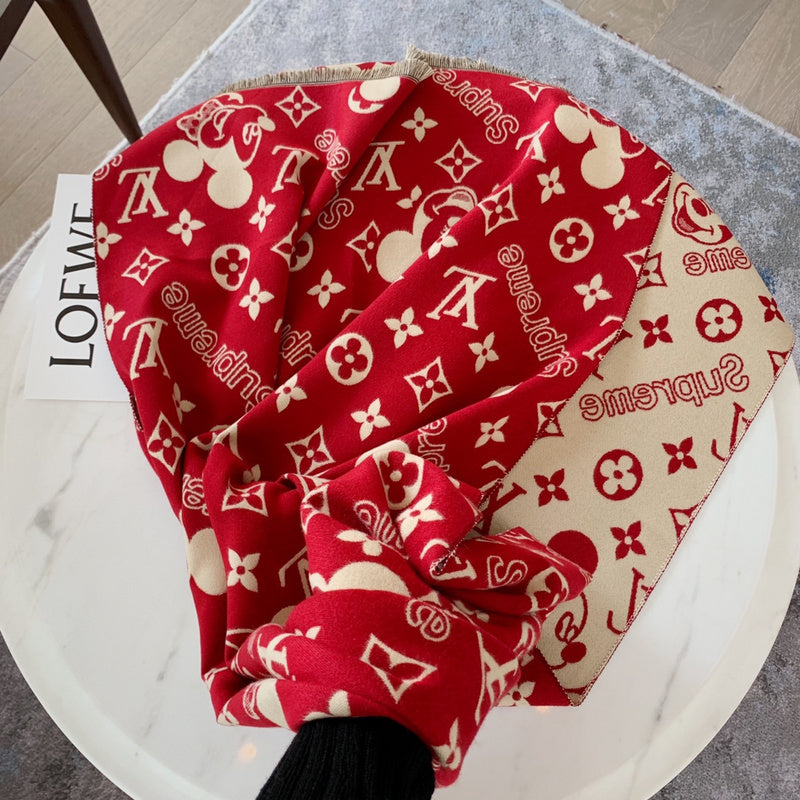Louis Vuitton x Supreme Mickey Mouse Reversible Monogram Scarf – Red & Cream