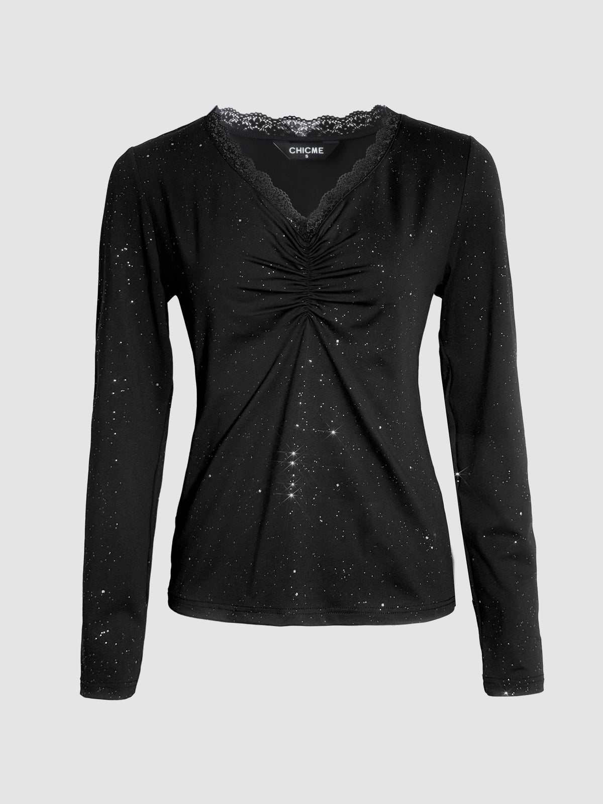 Women's Sparkle Glitter V Neck Long Sleeve Top Ruched Lace Trim Tee