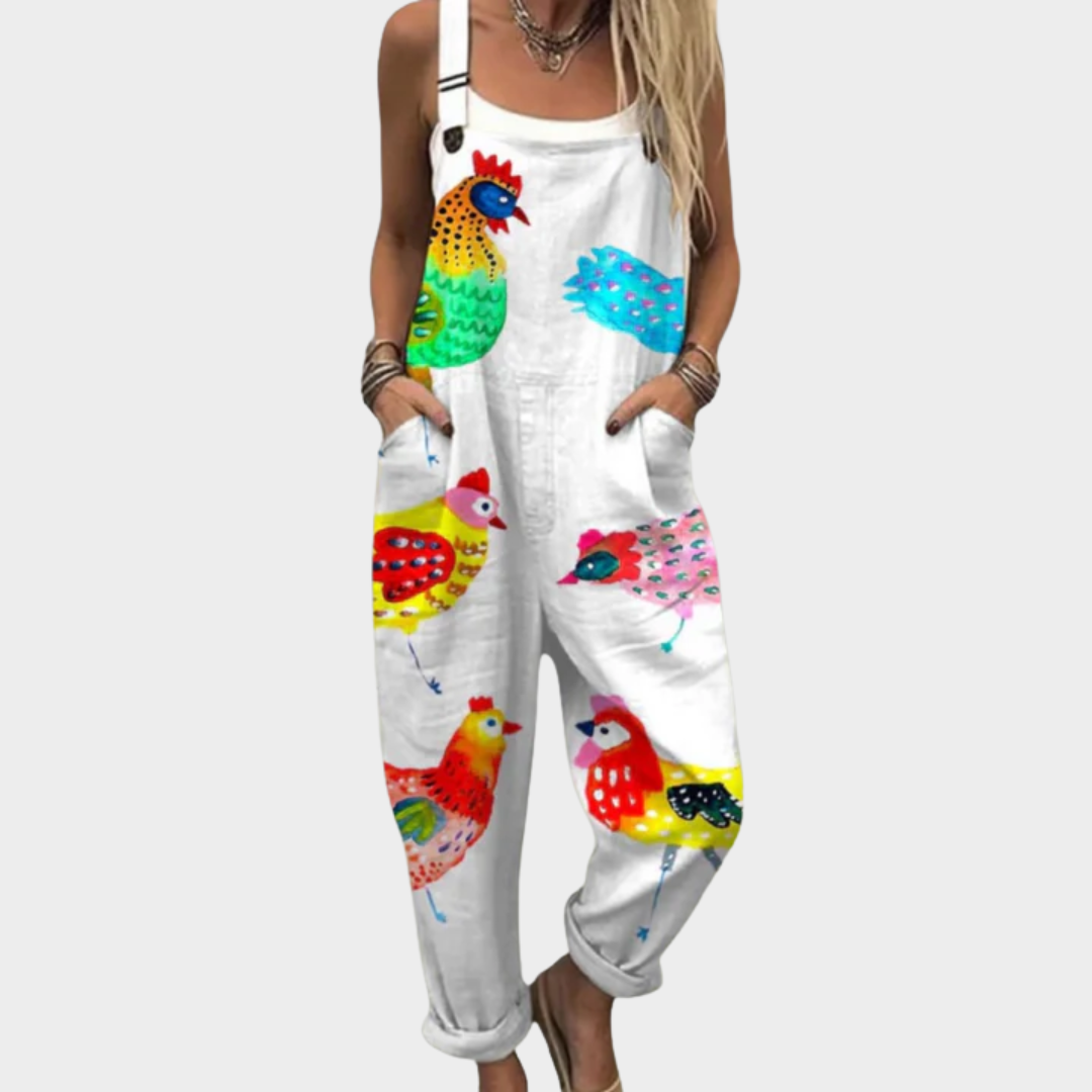 Beverly | Jumpsuit mit buntem Hühner-Print