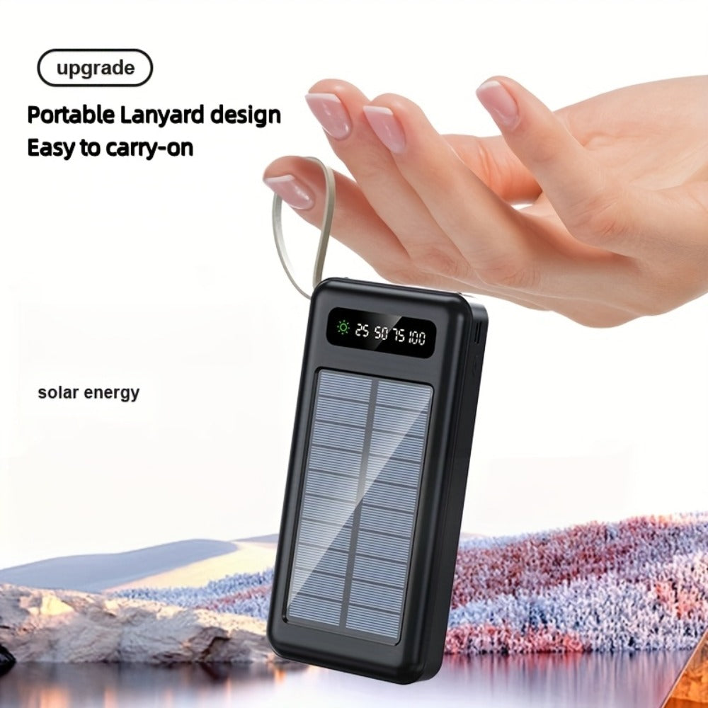 Solar Power Bank for Portable Device Charging, Built-In Cables and Digital Display, 10000-30000mAh