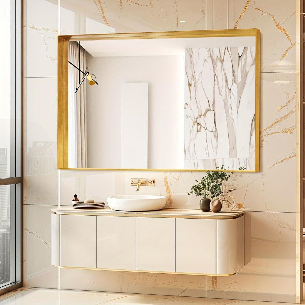 Bathroom Mirror with Rectangular Metal Frame, Horizontal or Vertical Wall Mounting in Three Finishes