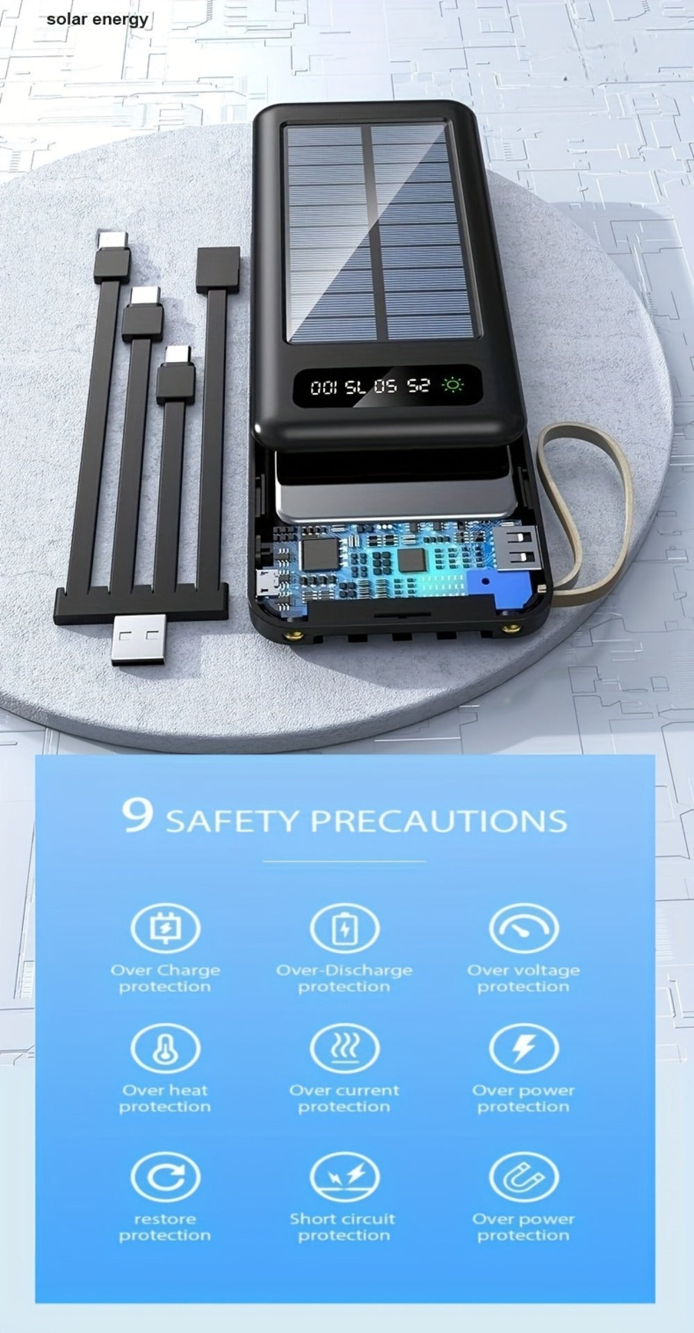 Solar Power Bank for Portable Device Charging, Built-In Cables and Digital Display, 10000-30000mAh