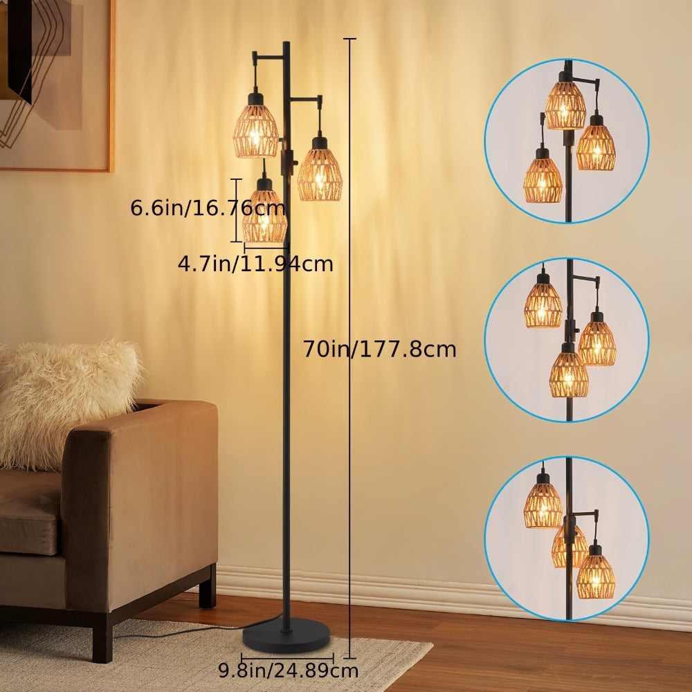 Boho Dimmable 3-Light Stepless Dimming Standing Lamp, Dining Room Warm Bohemian Home Lighting, Rattan Floor Lamp