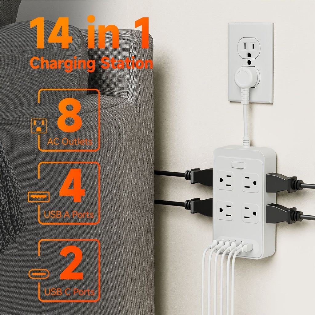 Power Strip Outlet Extender Surge Protector 8 AC Outlets 6 USB Charging Ports 4 USB-A 2 USB-C for an Everyday Personal Care Routine