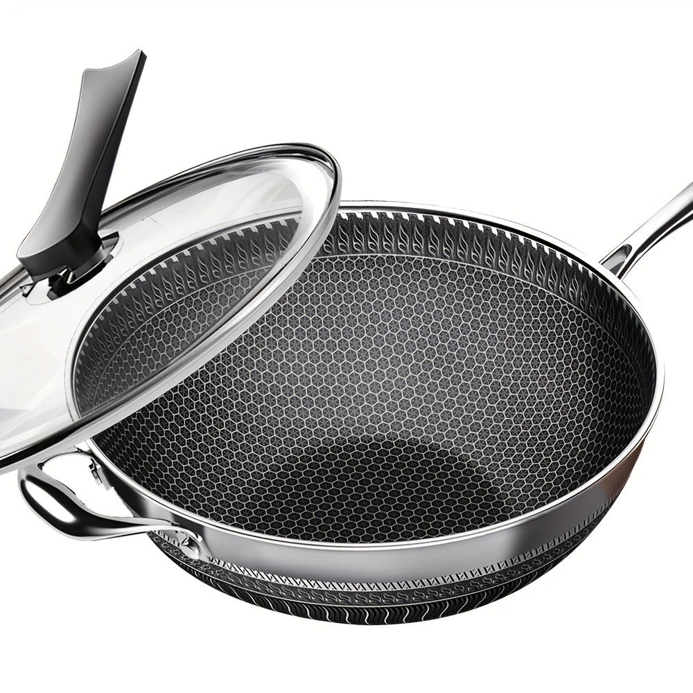 Stainless Steel Wok Set 13.3 Inch Non-stick Honeycomb Design with Lid & 2 Cookware Accessories