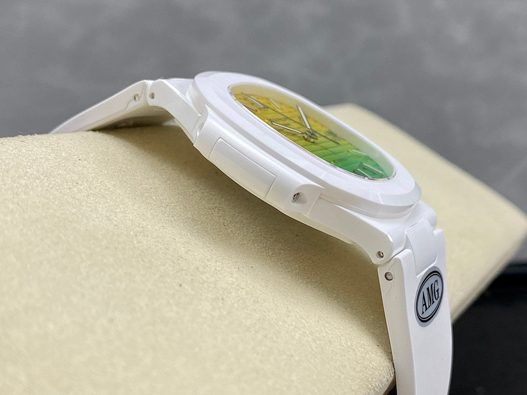 Patek Philippe Nautilus 5711 × AET Remould – White Ceramic Case & Bracelet Yellow Green Gradient Dial Date