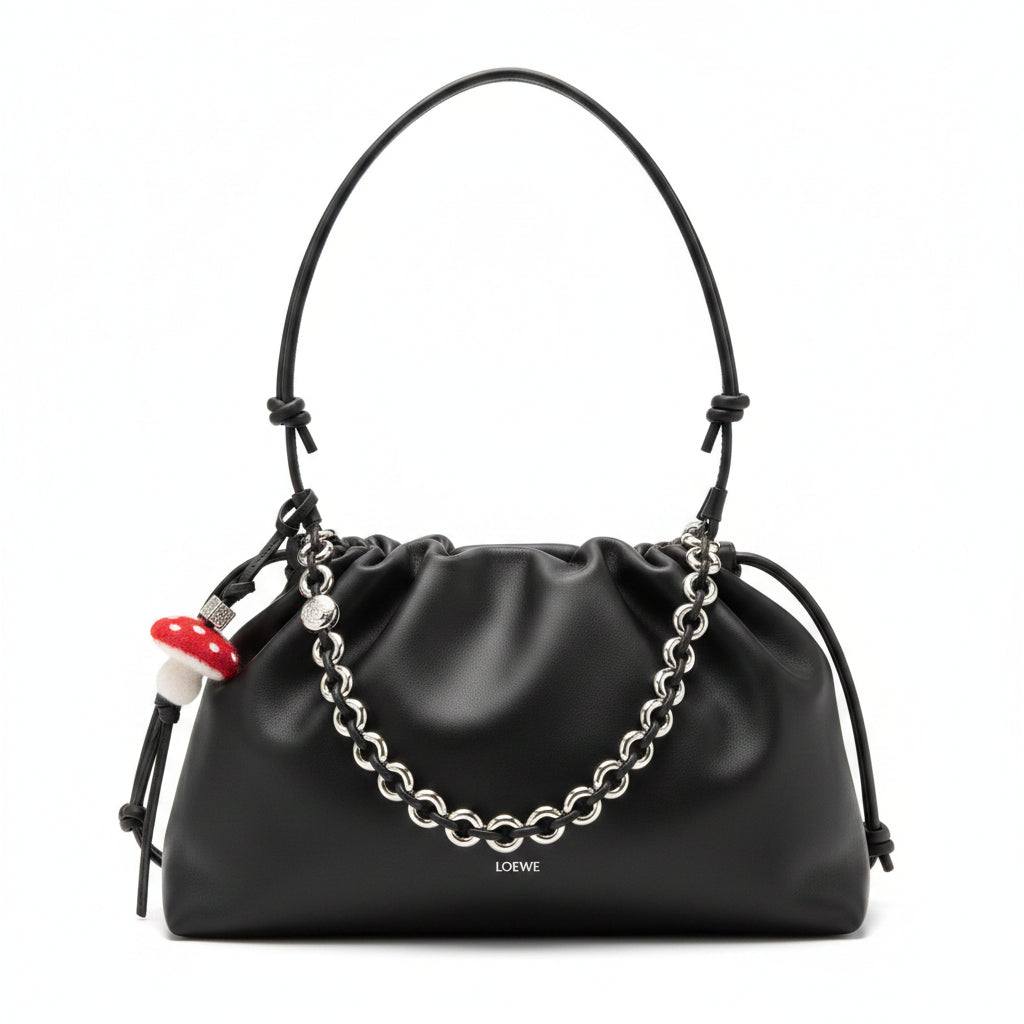 Loewe Flamenco Clutch Large – Black Nappa Leather Silver Chain Mushroom Charm