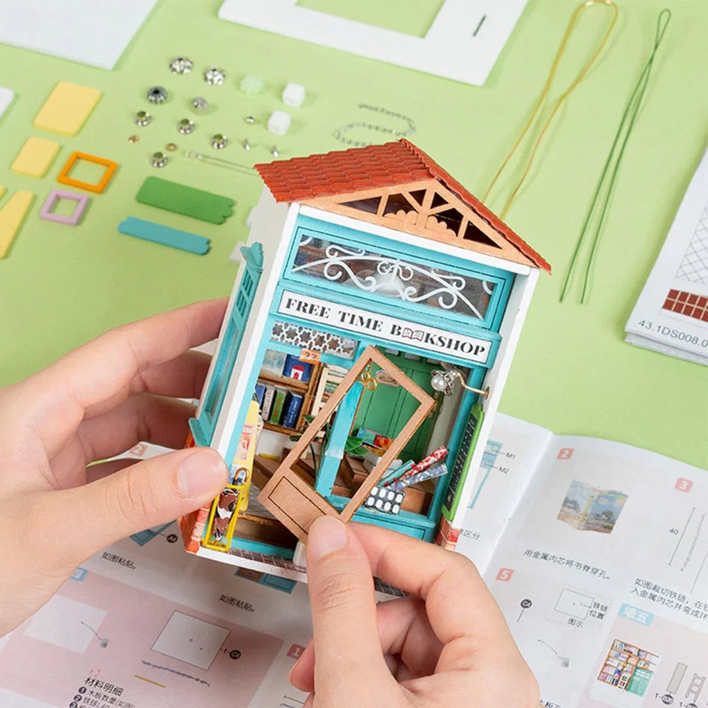 Robotime Rolife 3D DIY Wooden Puzzle Free Time Bookshop Miniature Dollhouse Kit DS008