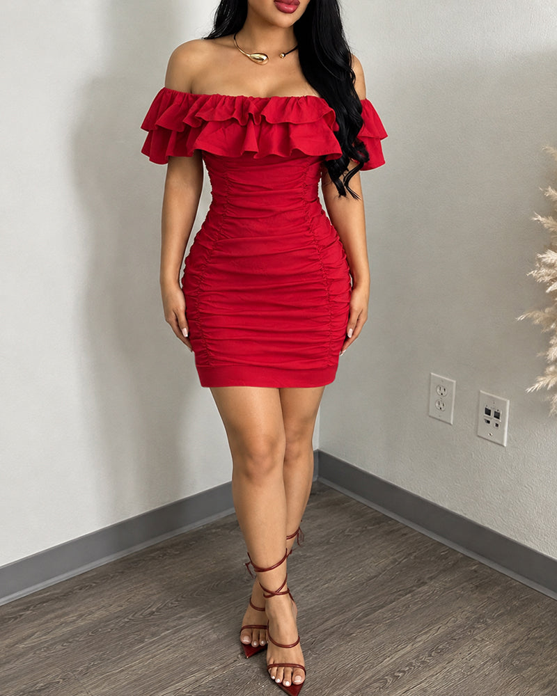 Women's Ruffle Off Shoulde Ruched Bodycon Mini Dress